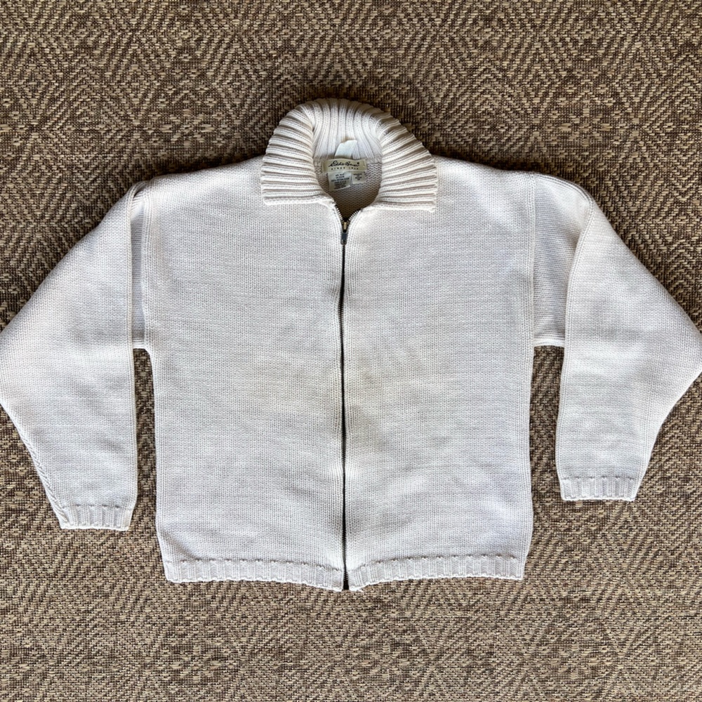 Vintage Eddie Bauer Women's Cream Knit Sweater 100% Cotton Zip Up Cardigan XS